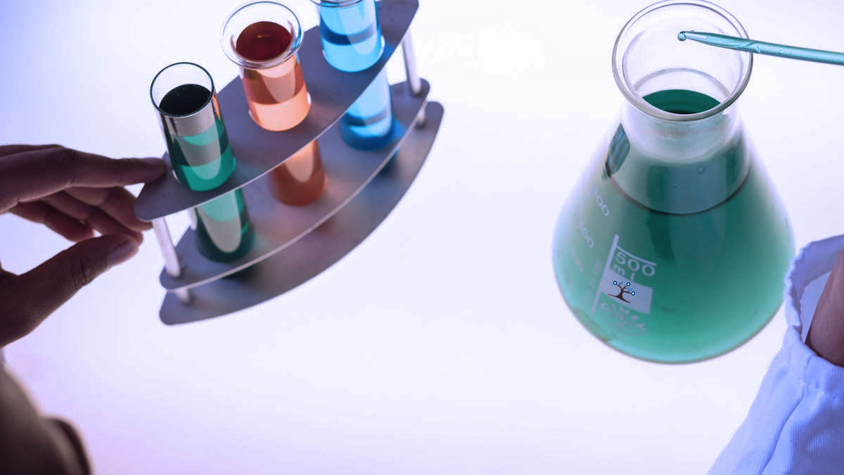 Beakers and tubes with different color liquids in them on a table