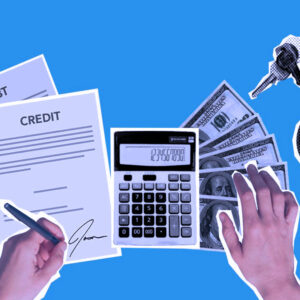 Documents, calculator, money, keys and mug on a blue background.