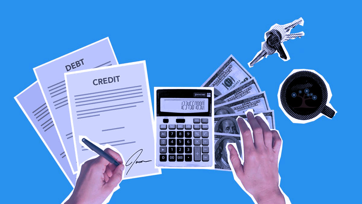 Documents, calculator, money, keys and mug on a blue background.