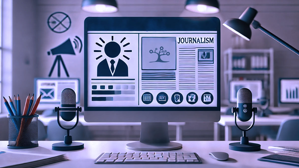 Computer screen on a desk with an online news site on the screen and podcasting mic on the desk.