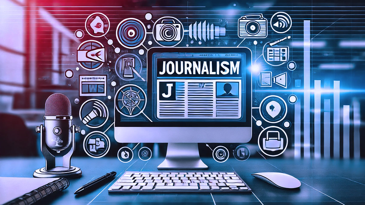 Computer screen on a desk with an online news site on the screen and podcasting mic on the desk.