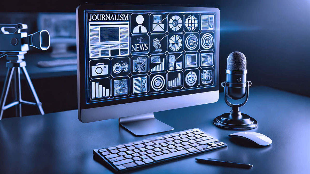 Computer screen on a desk with an online news site on the screen and podcasting mic on the desk.