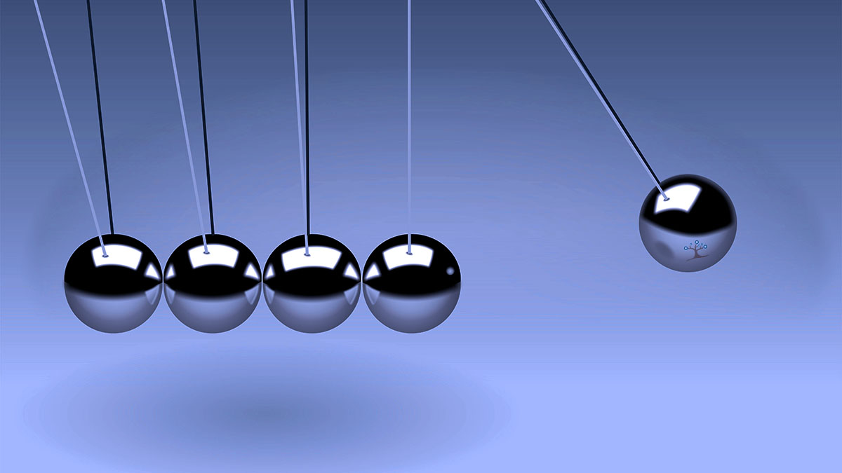 A pendulum ball swinging toward four other balls.