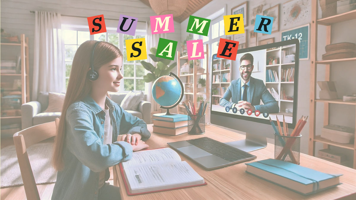 A bright and inviting online tutoring scene featuring a young student in grades TK-12 engaged in a remote tutoring session. The student is sitting at a desk watching a tutor on a monitor with a Summer Sale above her head.