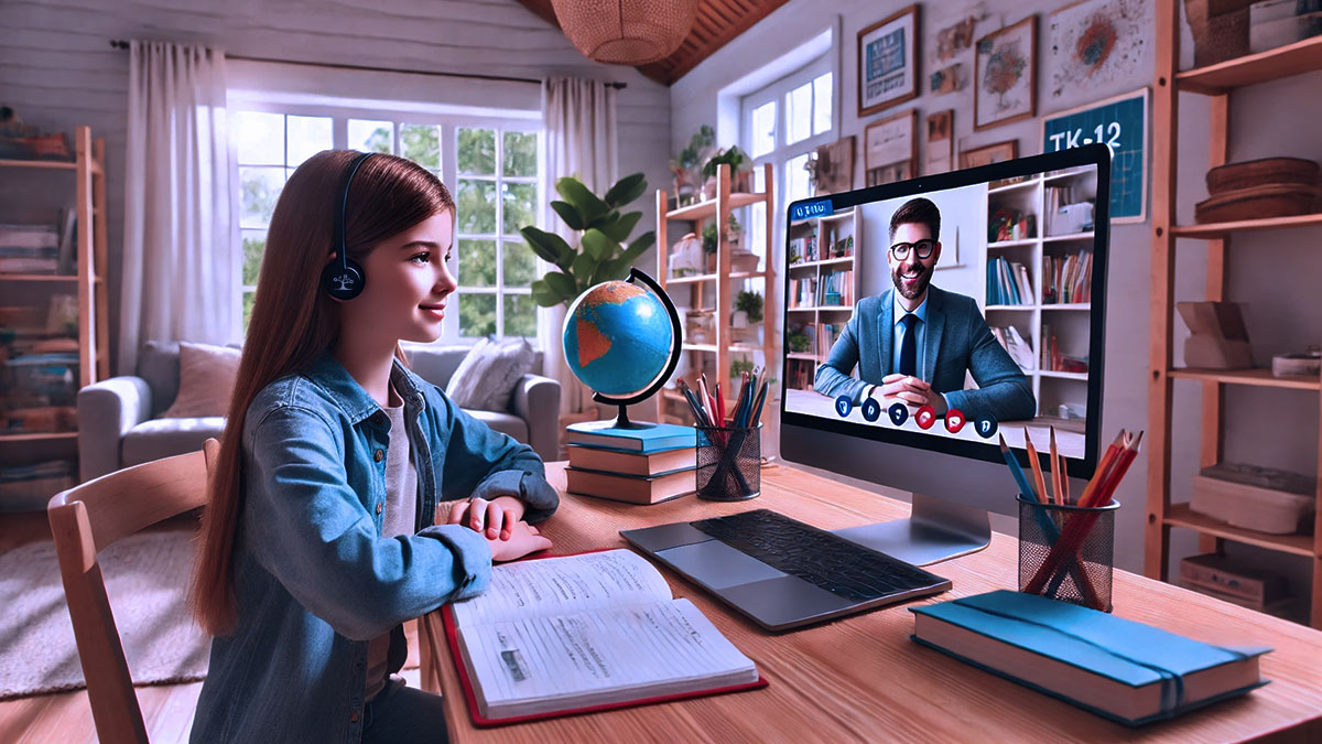 A bright and inviting online tutoring scene featuring a young student in grades TK-12 engaged in a remote tutoring session. The student is sitting at a desk watching a tutor on a monitor.