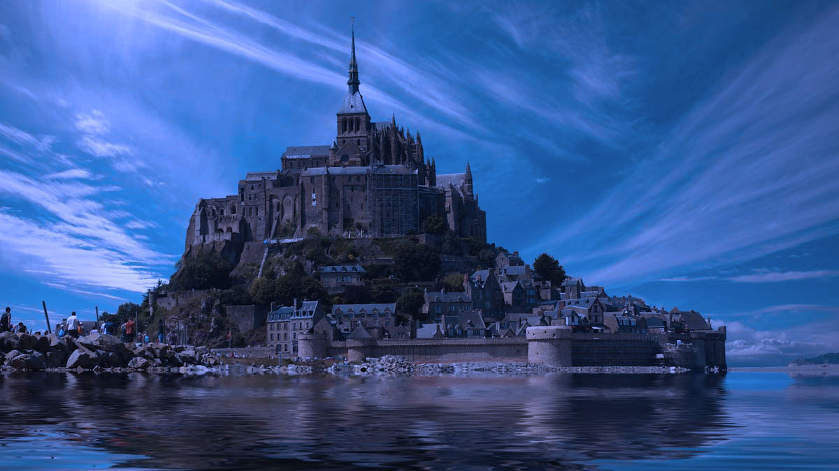Medieval castle and village surrounded by water