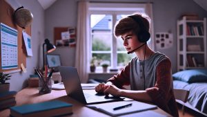 A middle school student taking an online course at home. The student is sitting at a desk with a laptop open in front of them and wearing headphones.