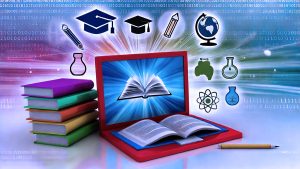 A vibrant and engaging image representing online education for TK-12 students. The image should include elements such as a laptop, books, and education.