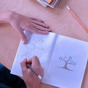 A Grade 6 student uses the Art 2-3 notebook to draw geometric shapes and equations at a wooden desk, surrounded by math books, pencils, and another open notebook.