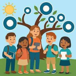 School kids stand on grass in front of a Branches Learning logo tree and the sun in the background.