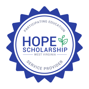 A blue badge with a scalloped edge displays “Participating Education Service Provider,” “Hope Scholarship West Virginia,” and a small green plant icon.