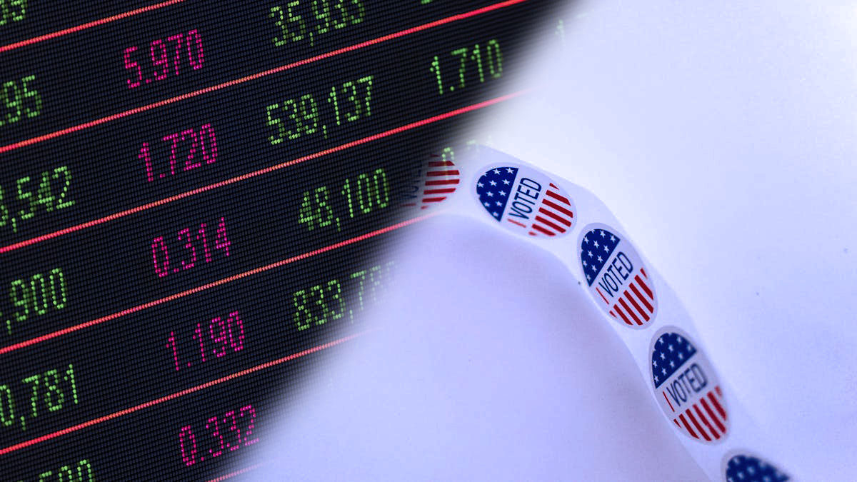 A digital stock market board with numbers is overlaid by “I Voted” stickers with the American flag, visually representing the Economics (Semester 1) / Government (Semester 2) course’s link between financial markets and civic participation.