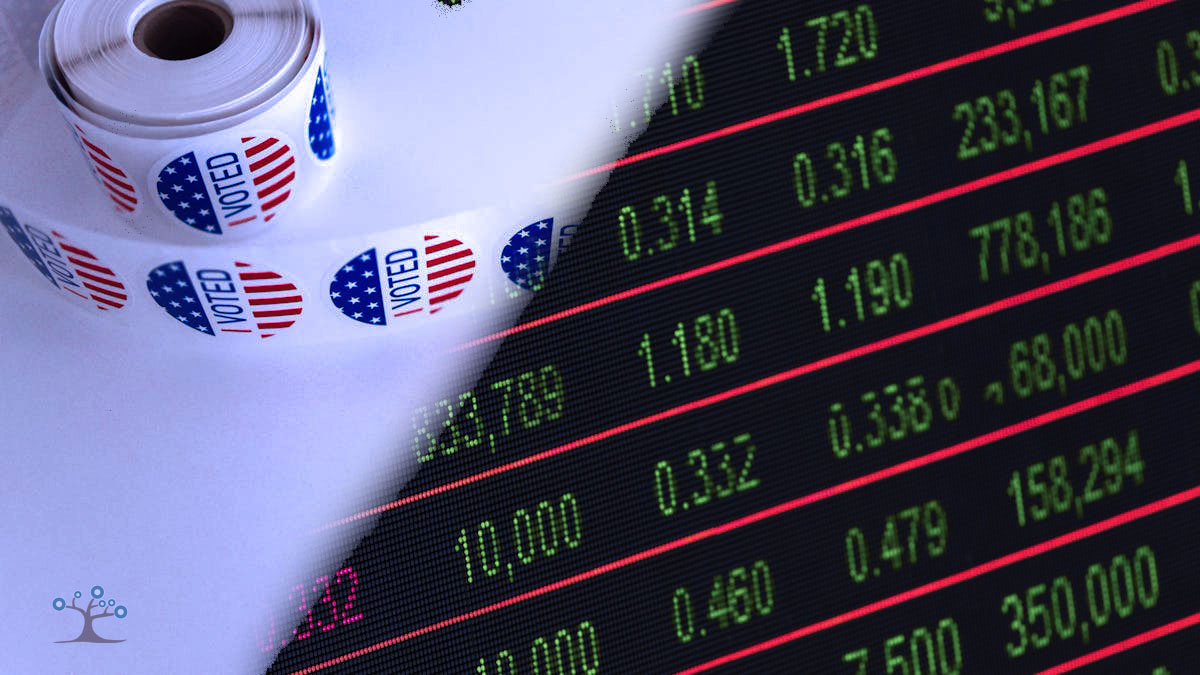 A roll of “I Voted” stickers sits next to a digital screen with green and red stock market numbers, representing the topics covered in the Government (Semester 1) / Economics (Semester 2) course.