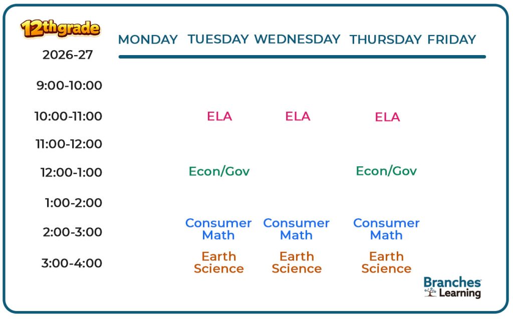 The 12th Grade Bundle (core) from Branches Learning provides a 2026-27 weekly schedule with ELA, Econ/Gov, Consumer Math, and Earth Science classes, held from 9 AM to 4 PM, Monday to Friday.