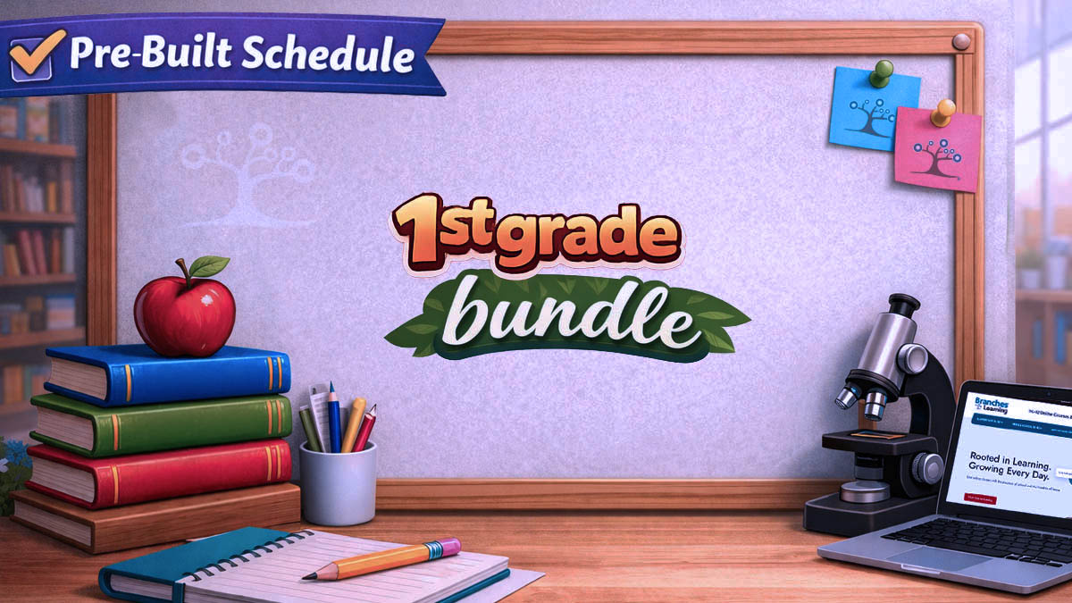 A classroom scene with “1st grade bundle” on a whiteboard, surrounded by books, an apple, a cup with pencils, a microscope, and a computer screen. A Pre-Built Schedule banner hangs in the top left corner.