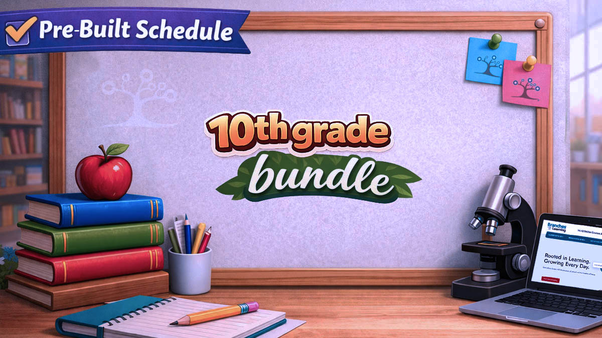 A classroom scene with 10th grade bundle text on a whiteboard, surrounded by books, an apple, a cup with pencils, a microscope, sticky notes, and a laptop. A Pre-Built Schedule banner is in the top left corner.