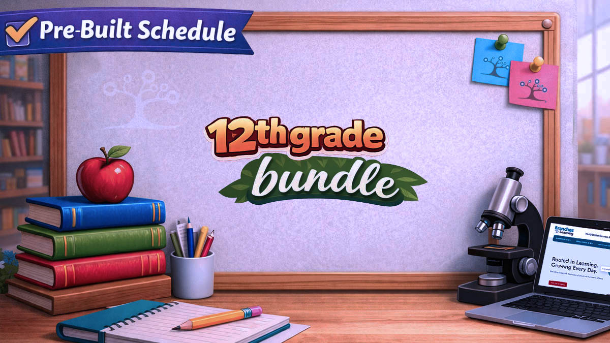 A classroom desk with books, an apple, a cup of pencils, a microscope, and a laptop. On a bulletin board, colorful papers and a sign read 12th grade bundle. A banner says Pre-Built Schedule.