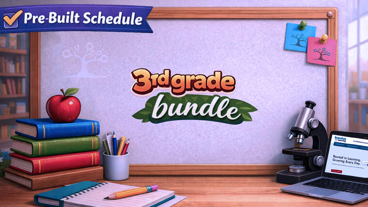 A classroom desk with stacked books, an apple, pencils, a plant, a microscope, and a bulletin board displaying “3rd grade bundle.” A “Pre-Built Schedule” banner appears in the upper left corner.