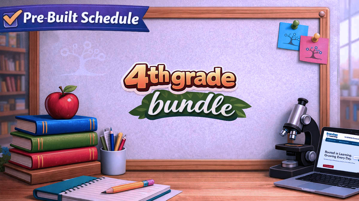 A classroom-themed scene with “4th grade bundle” written on a whiteboard, surrounded by books, an apple, a microscope, a laptop, and colorful notes. A “Pre-Built Schedule” sign is in the upper left corner.