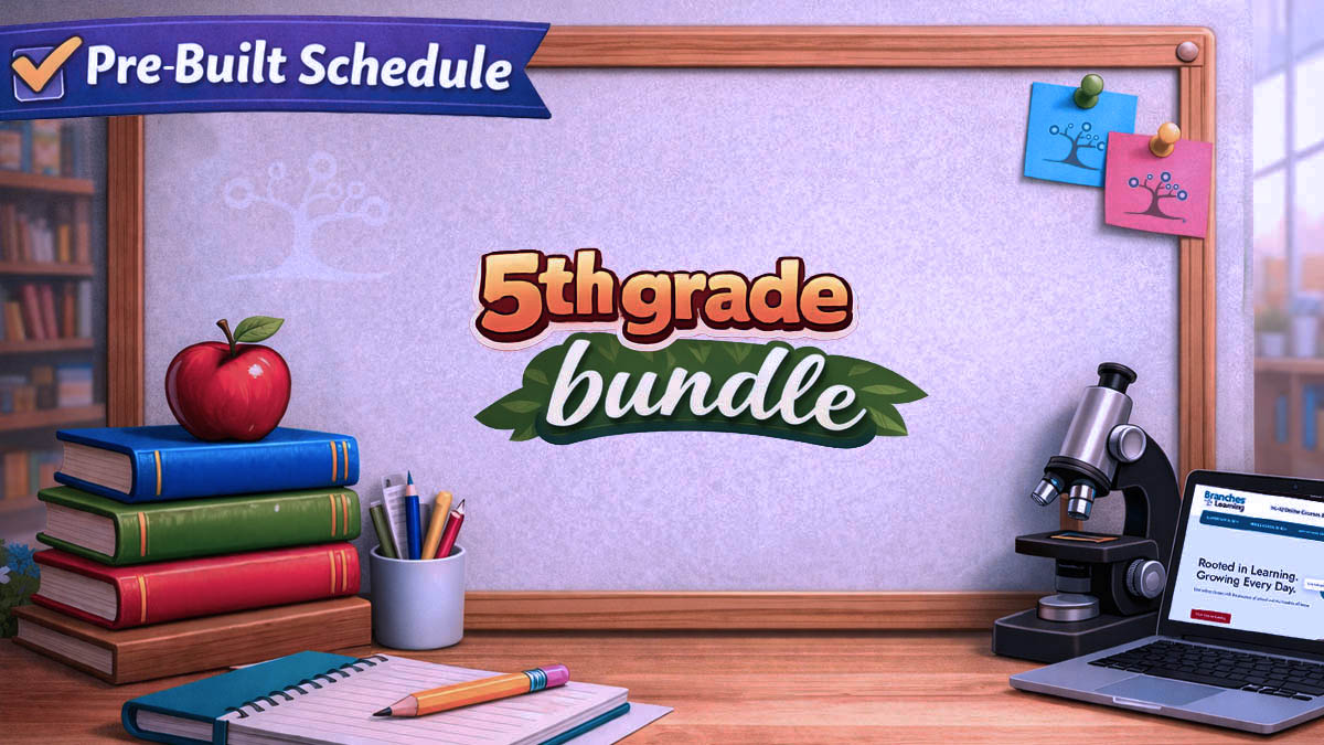 A classroom scene with “5th grade bundle” text on a whiteboard, surrounded by books, an apple, a microscope, sticky notes, and a laptop. A “Pre-Built Schedule” banner is in the top left corner.