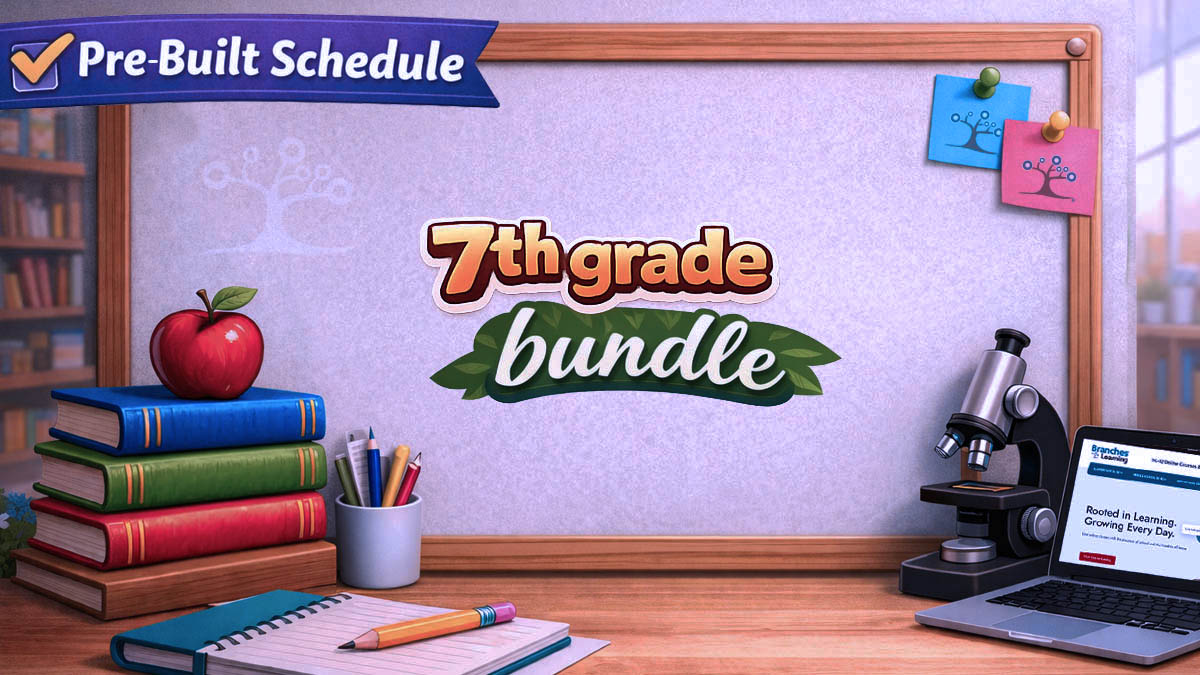 A classroom scene with a whiteboard displaying 7th grade bundle. Books, an apple, a pencil, and paper are on the desk, with a microscope and a laptop to the right. A Pre-Built Schedule banner is in the top left corner.