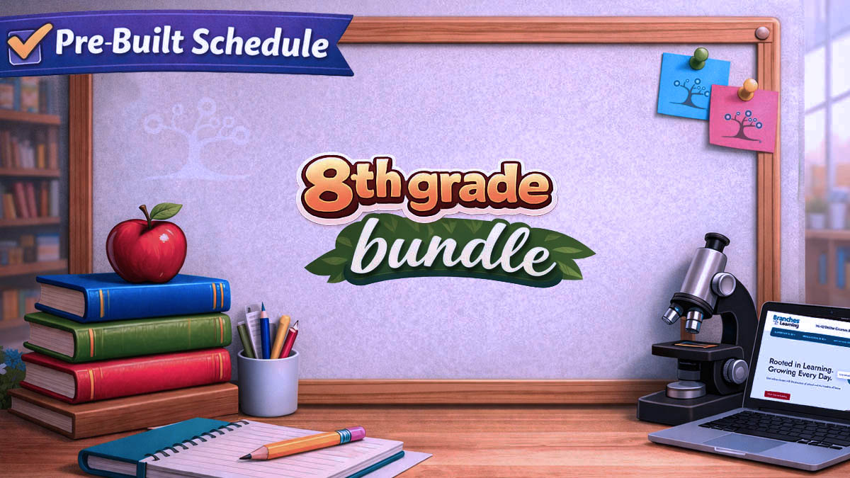 A classroom scene featuring books, an apple, a pencil, and a microscope on a desk, with a bulletin board displaying 8th grade bundle and a Pre-Built Schedule banner in the top left corner.