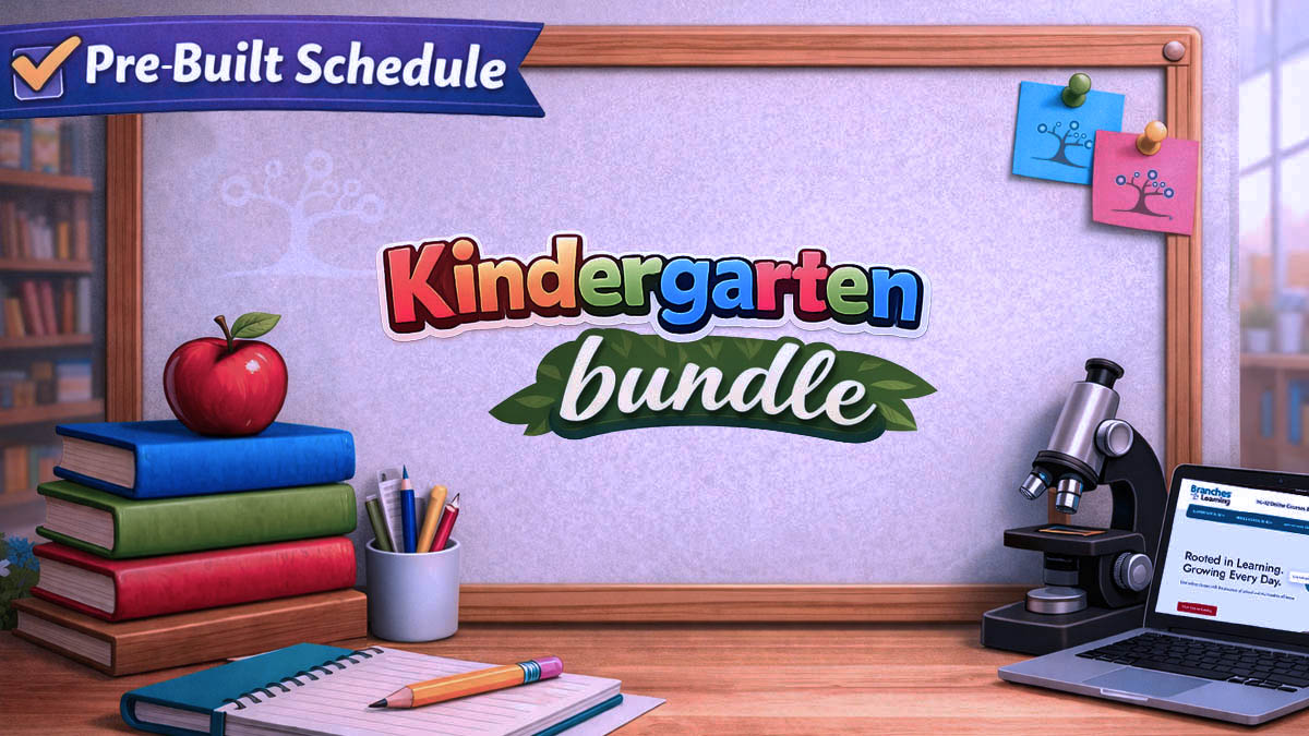 A classroom desk with an apple, stacked books, a pencil, and a microscope in front of a bulletin board displaying Kindergarten bundle and a sign reading Pre-Built Schedule in the top left corner.