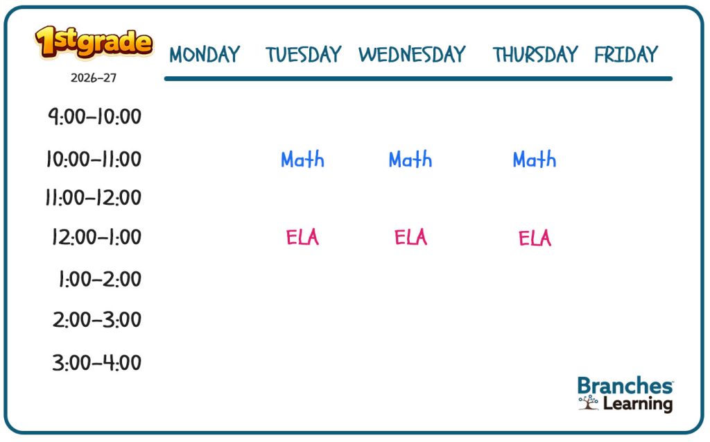The 1st Grade Pre-Built Schedule (Core) includes a weekly plan: Math on Mon–Wed, 10–11 am; ELA on Wed–Fri, 12–1 pm; Monday to Friday. Branches Learning logo appears at the bottom right.