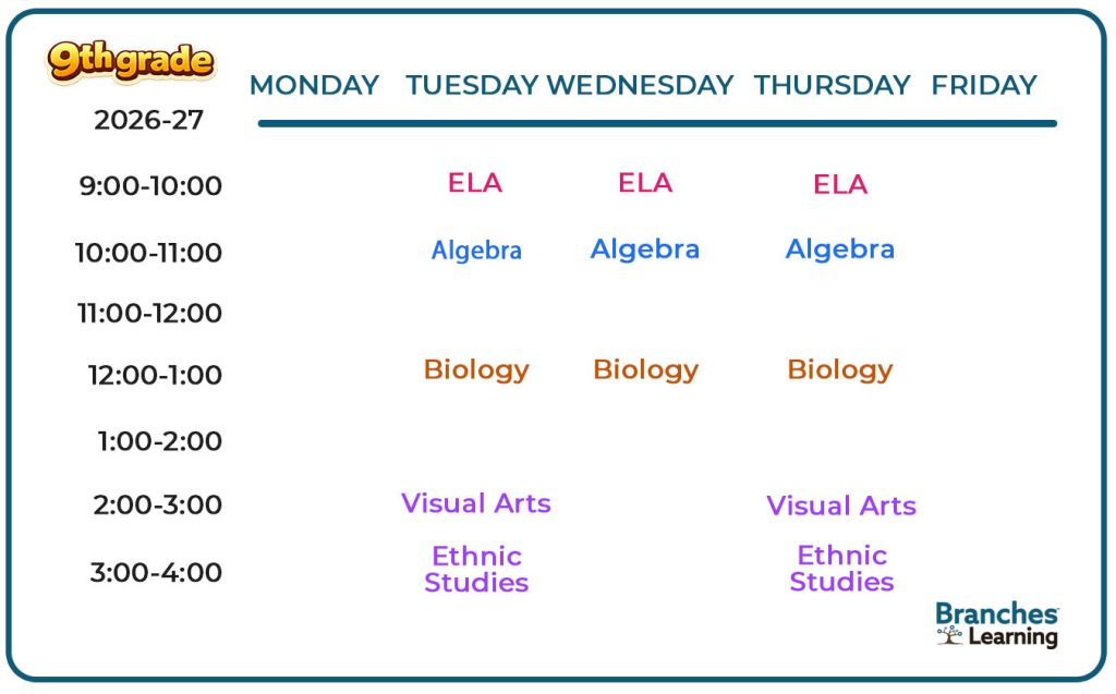 A weekly 9th grade class schedule for 2026-27 shows ELA, Algebra, Biology, Visual Arts, and Ethnic Studies, color-coded by subject, with class times listed for each weekday except Friday. Branches Learning logo in bottom right.