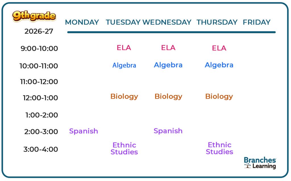 A weekly 9th-grade schedule for 2026-27 shows ELA, Algebra, Biology, Spanish, and Ethnic Studies classes from Monday to Friday, with color-coded subjects and times from 9:00 AM to 4:00 PM. Branches Learning logo in the corner.