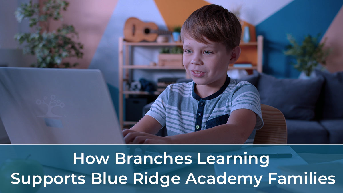A young boy sits at a table using a laptop, smiling, with shelves and plants in the background. Text overlay reads: How Branches Learning Supports Blue Ridge Academy Families.